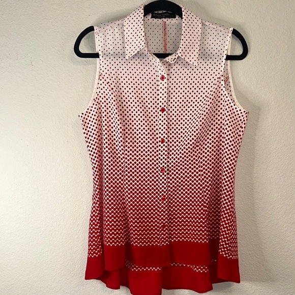 White and Pink Sleeveless Button Down Blouse with Dress Shirt Collar - Picture 1 of 4